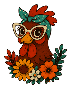 Logo oficial de Chicken Lady: gallinita con lentes y pañoleta turquesa